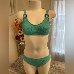 Cupshe Teal Cross Ribbed & Standard Rise Classic Hipster Bikini Set Size Medium